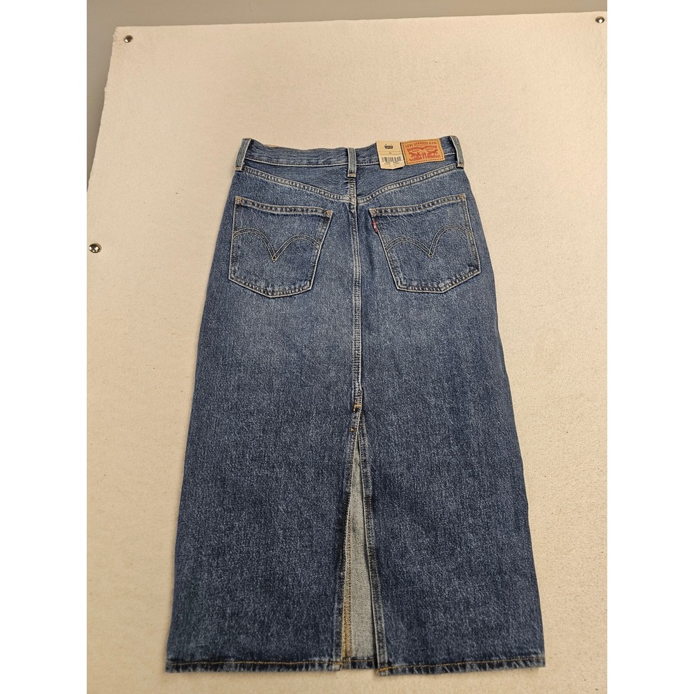 Levis Denim Midi Skirt Blue Medium Wash High Rise Back Slit Size 26 NWT